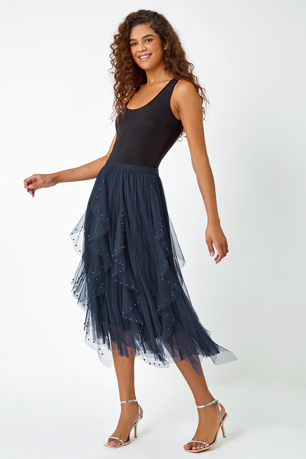 Midnight Blue Elasticated Pearl Mesh Layered Skirt, Image 4 of 5