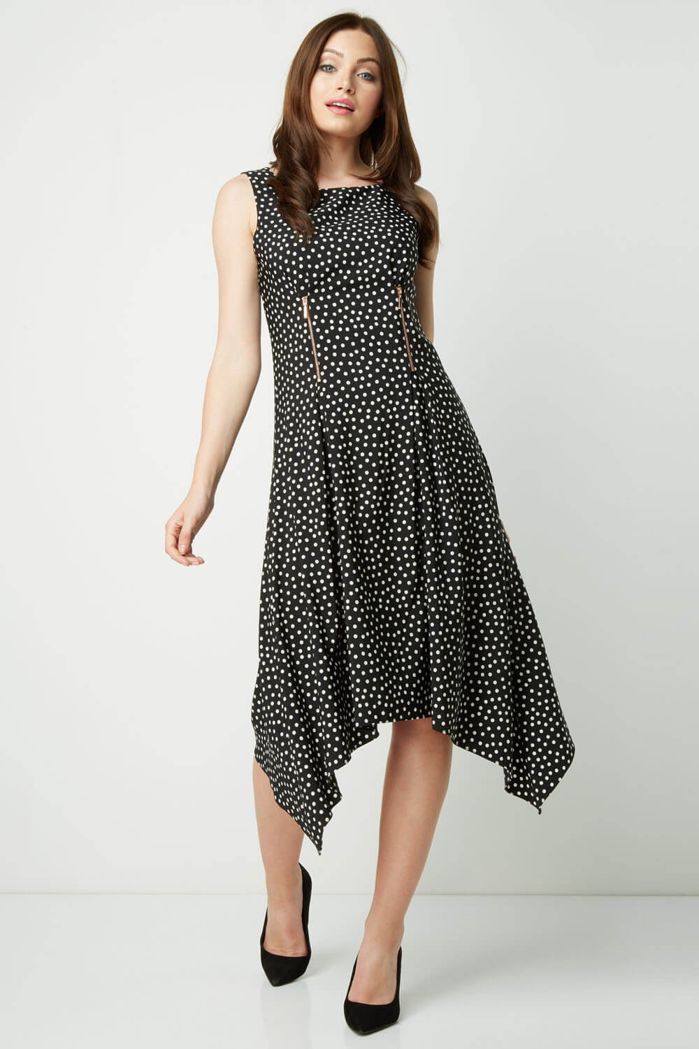 Black Zip Detail Fit and Flare Spot Dress, Image 2 of 4