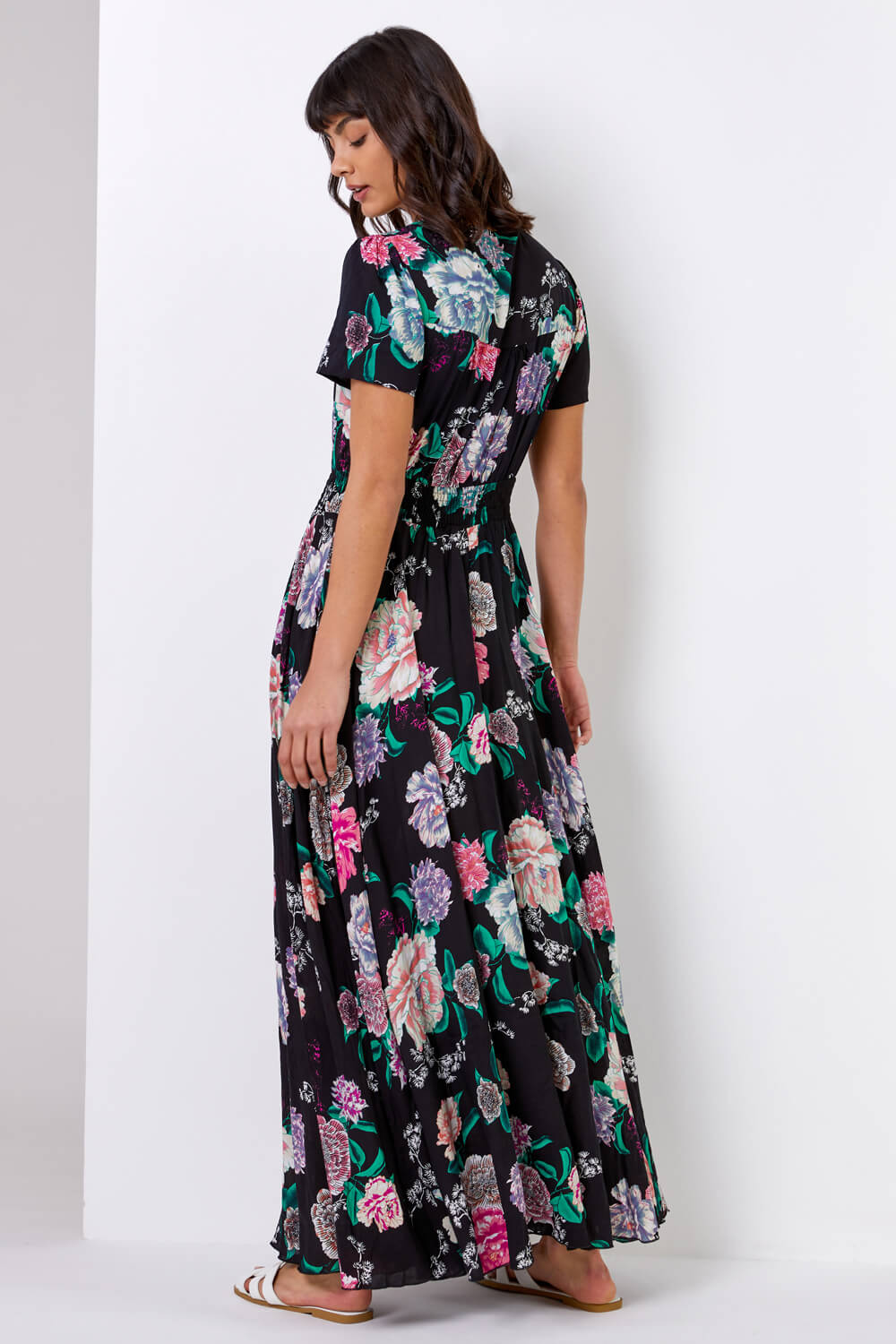 Black Floral Print Shirred Waist Maxi Dress, Image 3 of 5