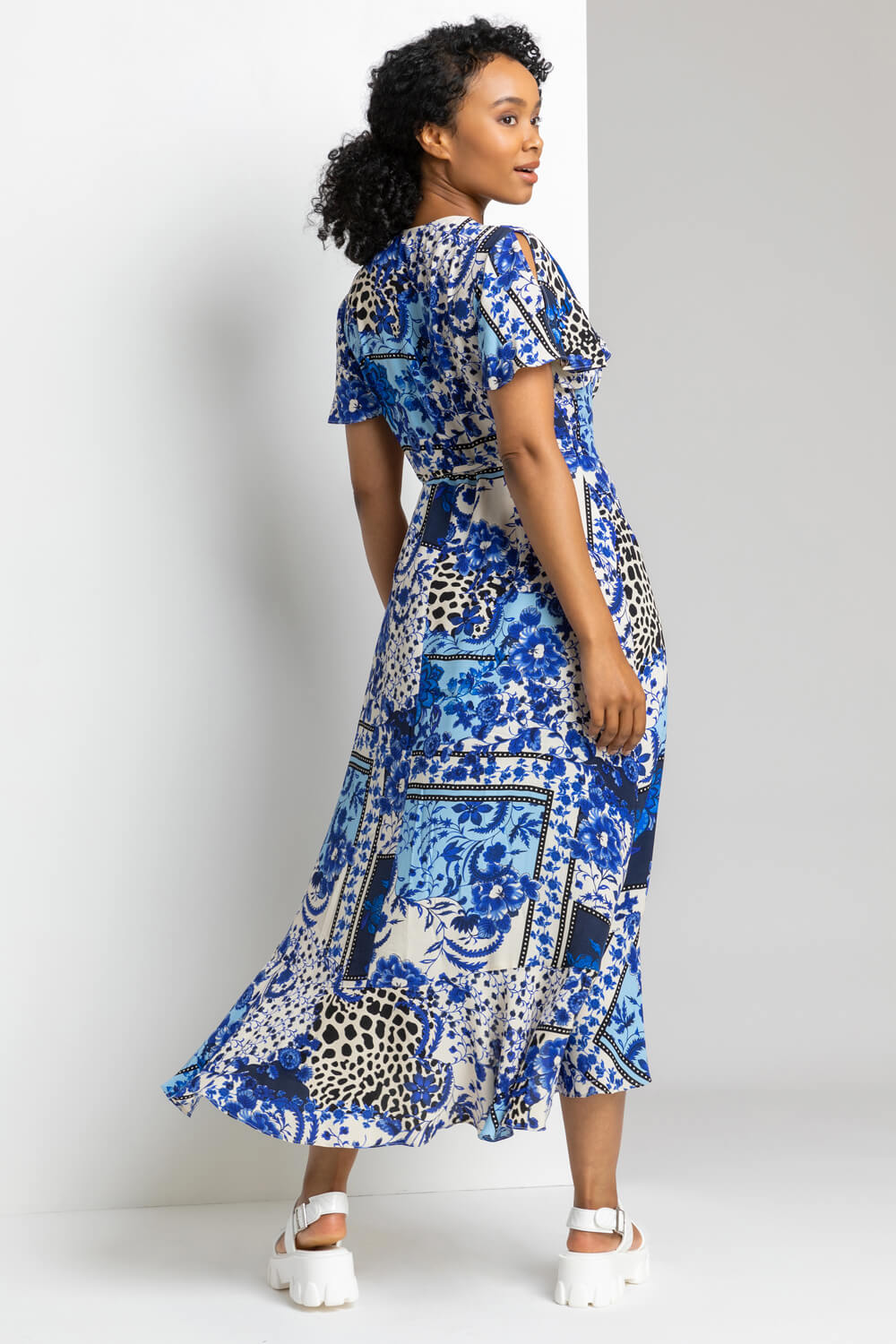 Petite Geo Floral Frill Wrap Dress in Blue - Roman Originals UK