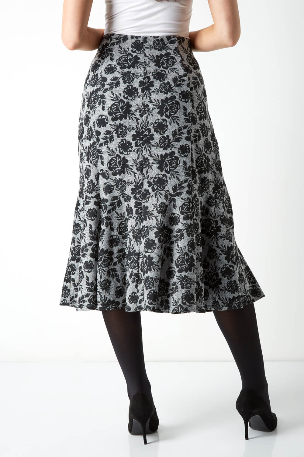 Grey Fluted Hem Floral Skirt, Image 2 of 4