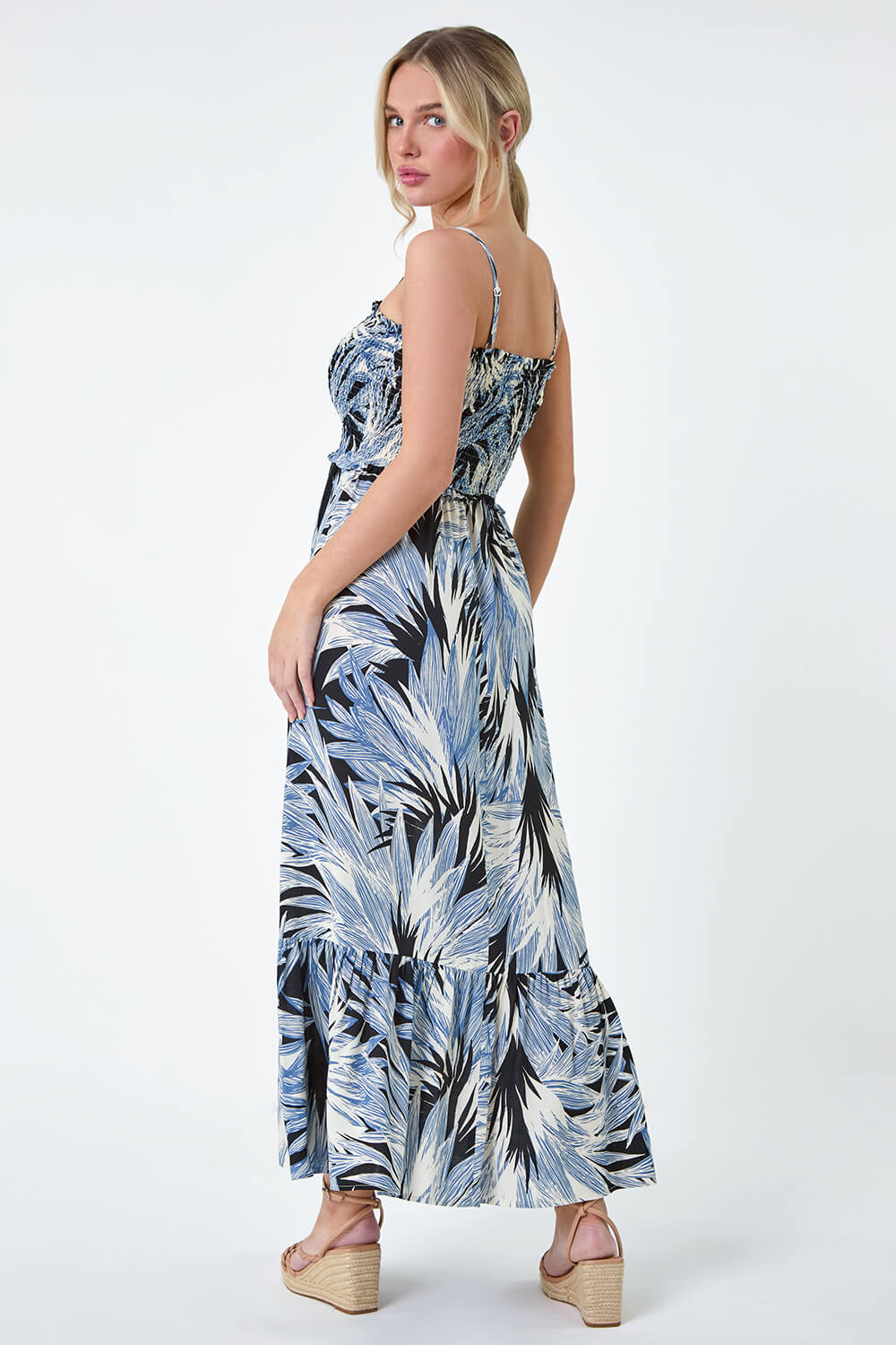 Navy  Petite Tropical Print Shirred Maxi Dress, Image 3 of 5