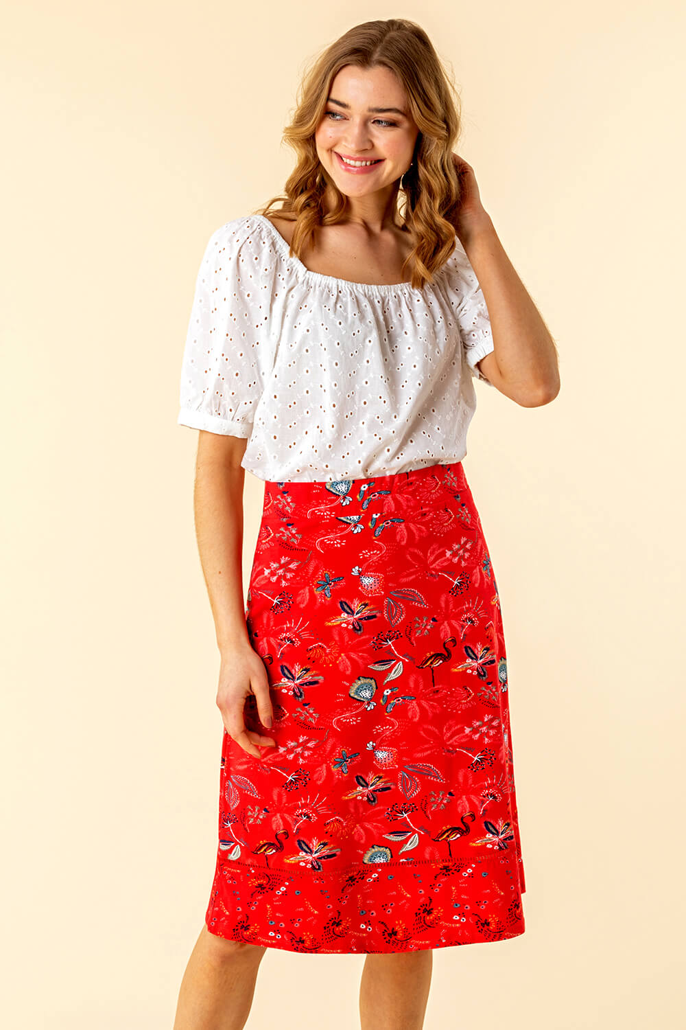 Red A Line Tropical Print Skirt, Image 2 of 4