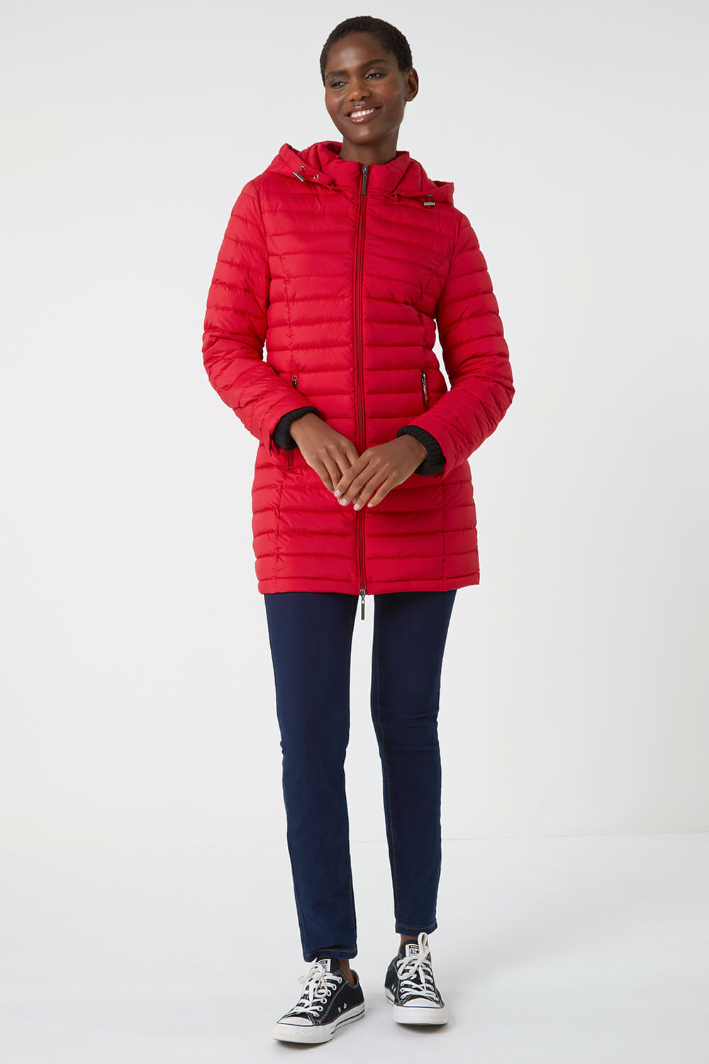 Red Longline Hooded Padded Coat, Image 2 of 5