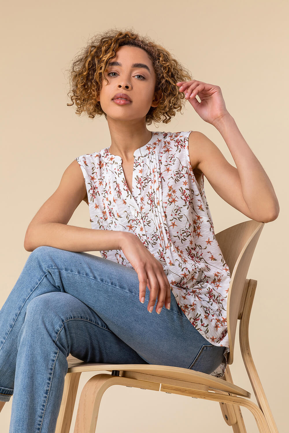 Ivory  Floral Print Pintuck Detail Top, Image 5 of 5