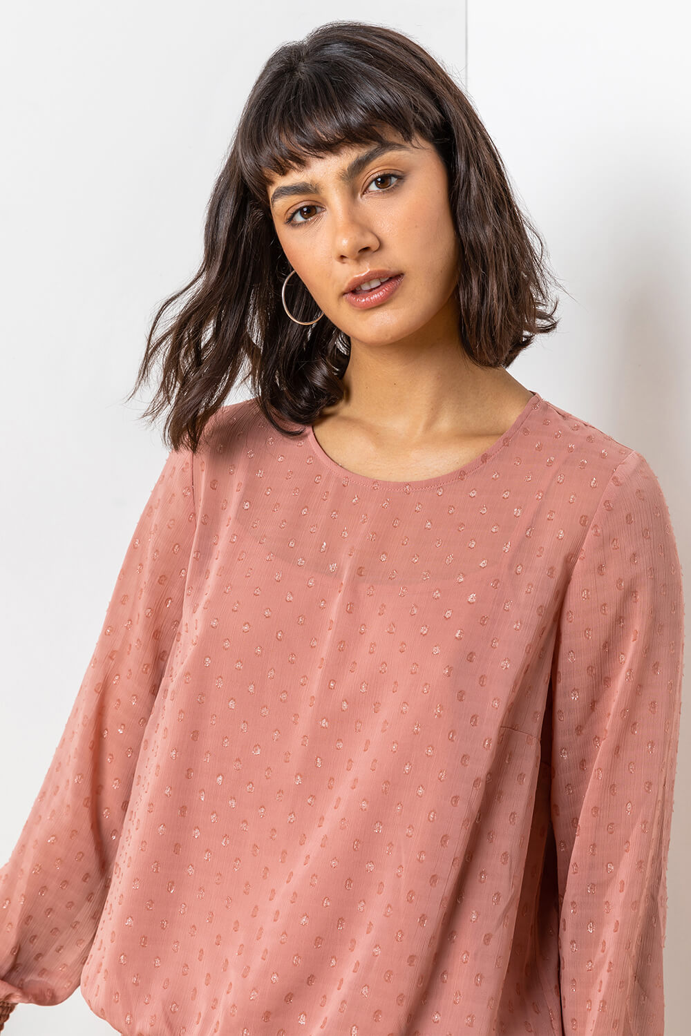 Salmon Textured Spot Shirred Shimmer Top, Image 4 of 5