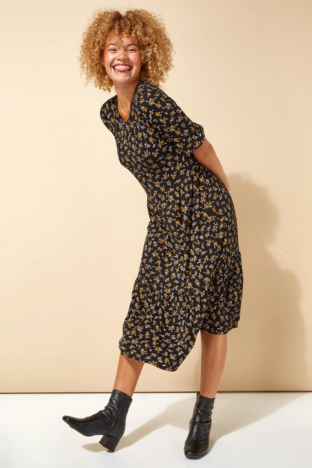 Black Ditsy Floral Tiered Midi Dress, Image 3 of 4