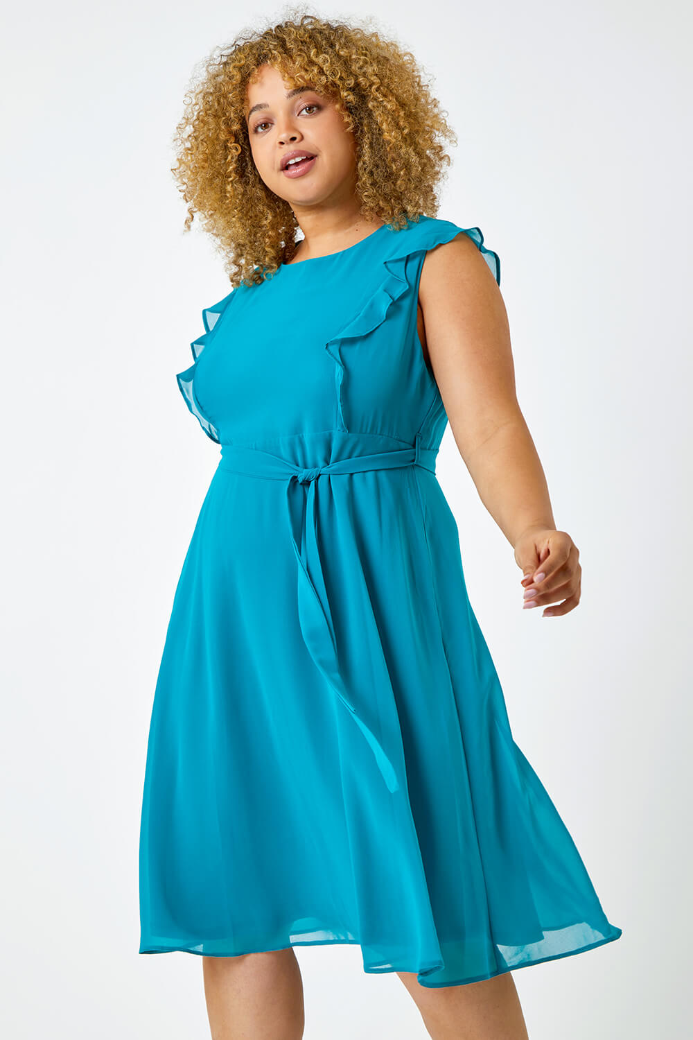 Teal Curve Frill Detail Belted Dress, Image 2 of 5