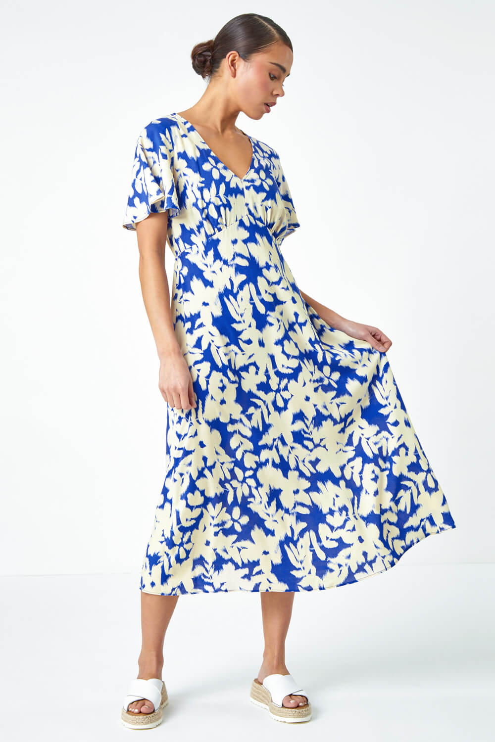 Royal Blue Petite Floral Print Midi Dress, Image 2 of 5