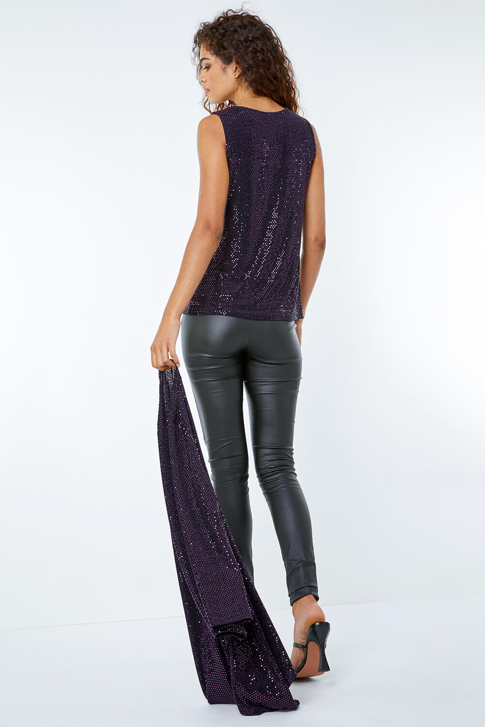 Sequin Sparkle Stretch Vest Top in Purple - Roman Originals UK