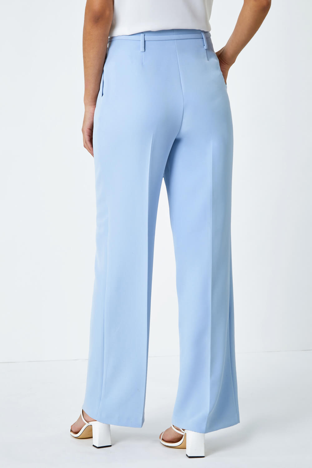 Light Blue  Crepe Stretch Straight Leg Trousers, Image 3 of 7