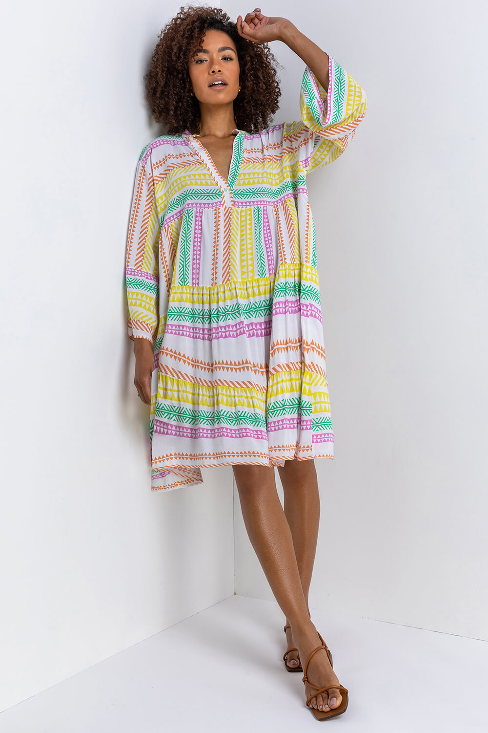 Yellow Aztec Print Tiered Dress, Image 3 of 5