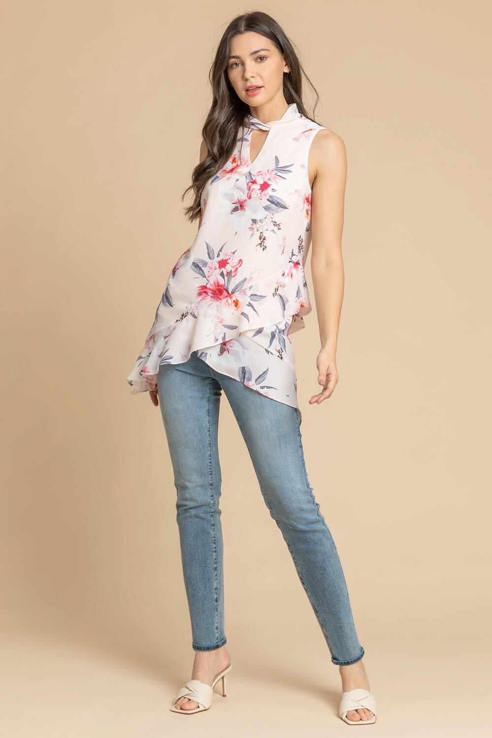 Light Pink Floral Twist Neck Frill Top, Image 3 of 5