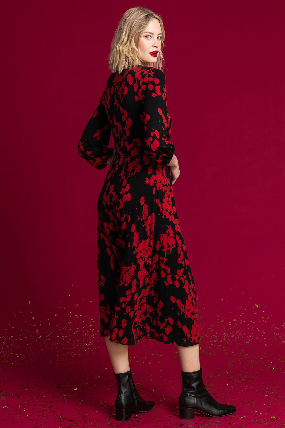 Red Abstract Spot Print Midi Dress, Image 3 of 5