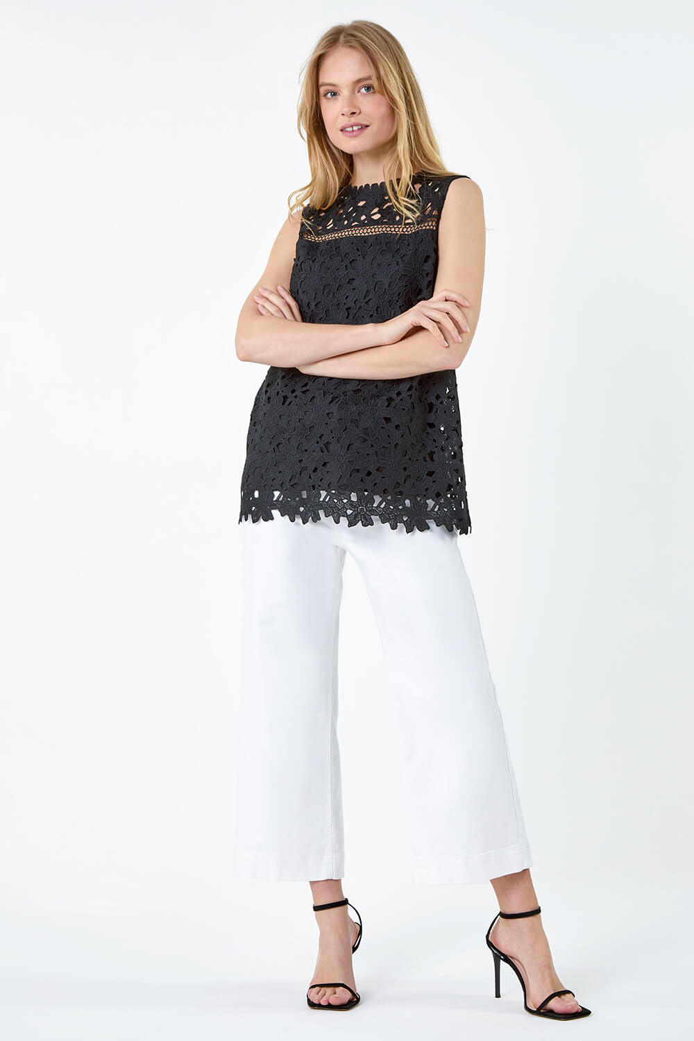 Black Ladder Trim Lace Jersey Top, Image 2 of 5