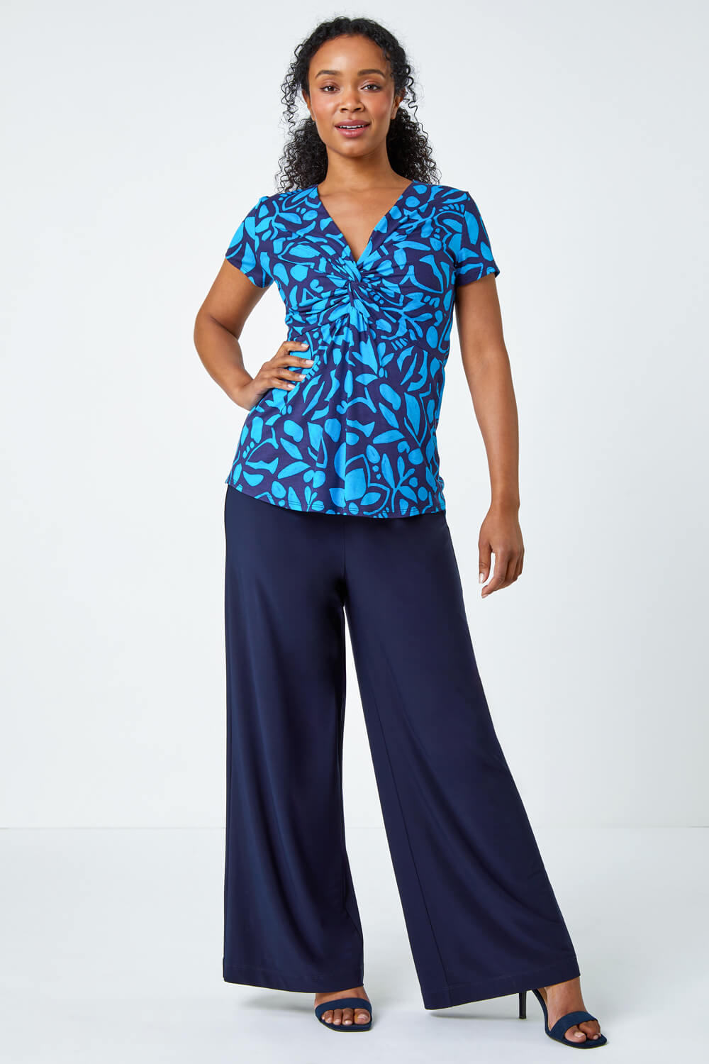 Navy  Petite Floral Twist Stretch Top, Image 4 of 5