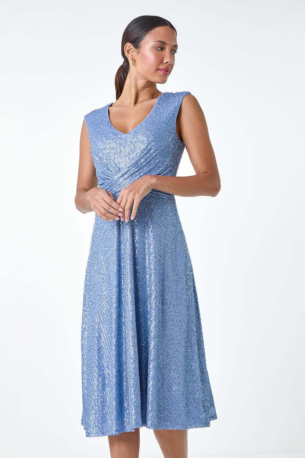 Steel Blue Sequin Wrap Detail Midi Dress, Image 2 of 5