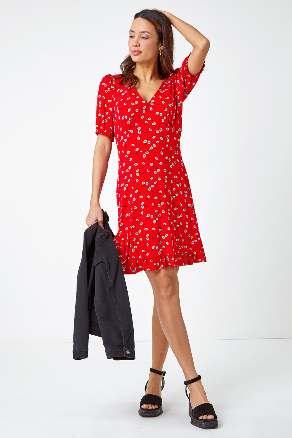 Red Floral Print Frill Tea Dress, Image 2 of 5