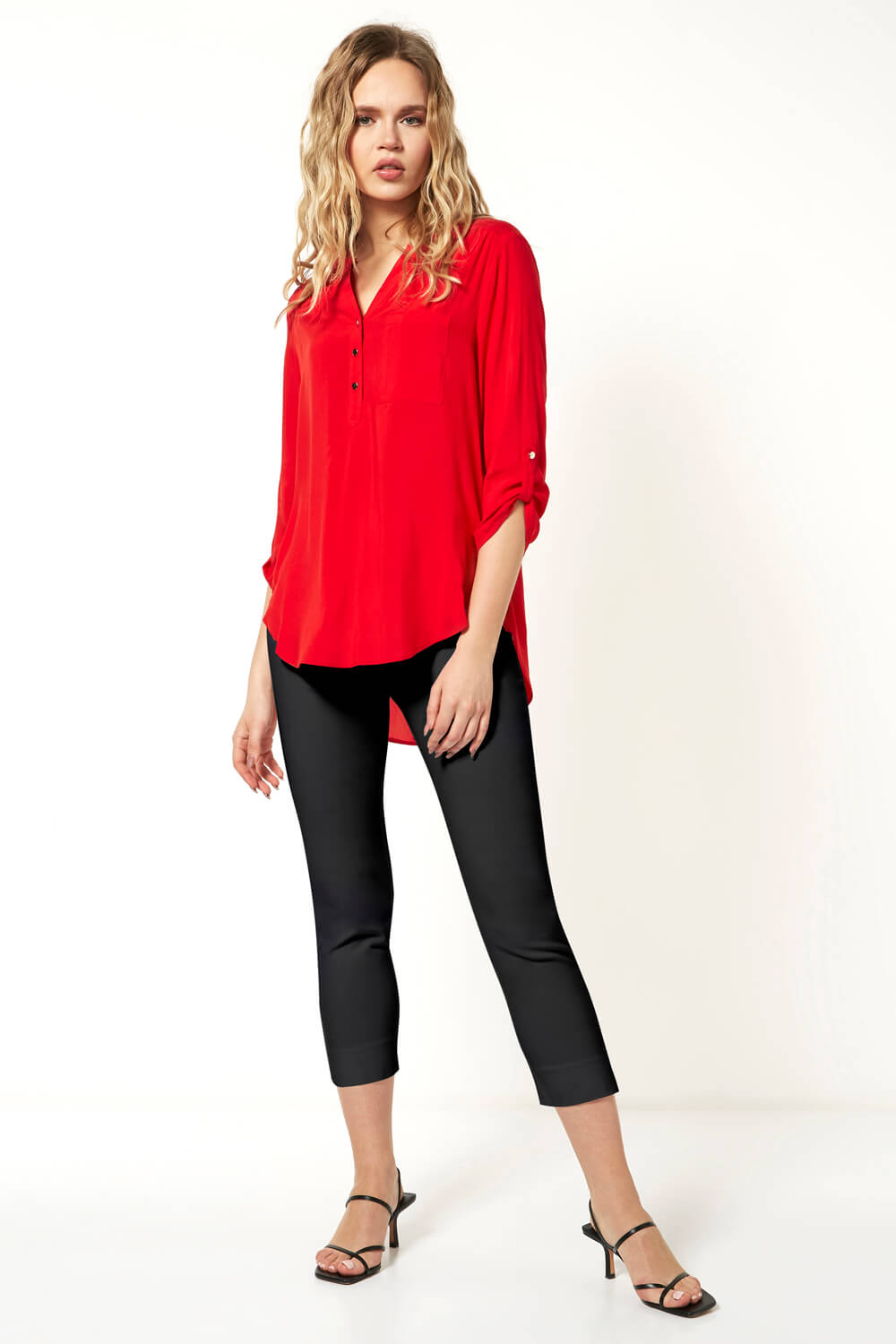 Notch Neck Button Front Top in Red - Roman Originals UK