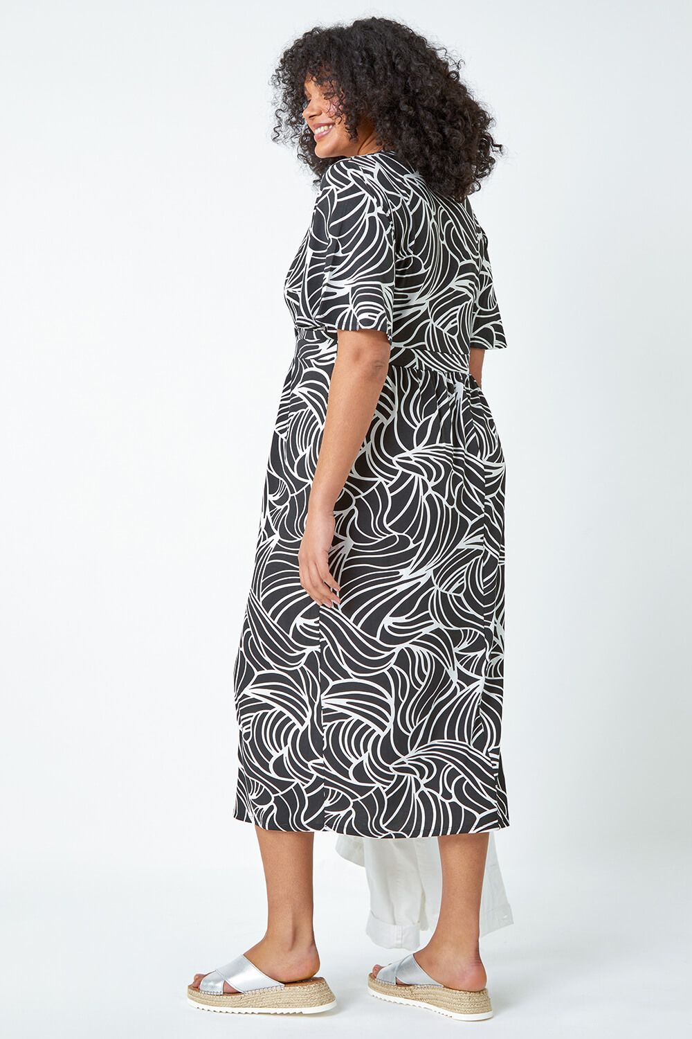 Black Curve Linear Print Midi Wrap Dress, Image 3 of 5