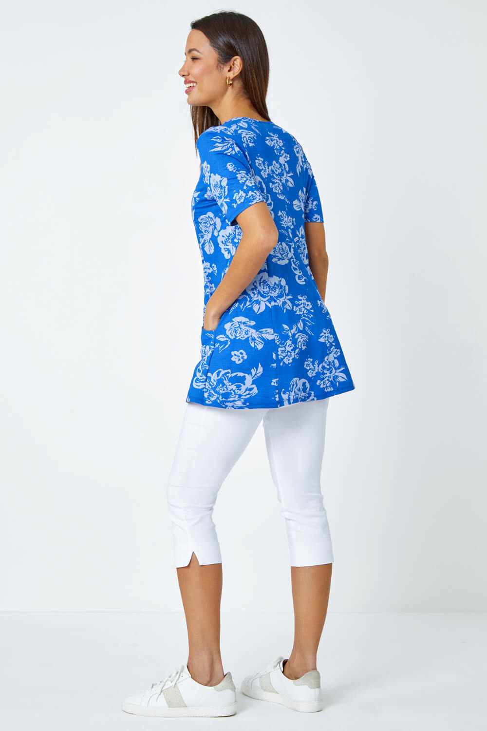 Blue Floral Print Stretch Tunic Pocket Top, Image 3 of 5