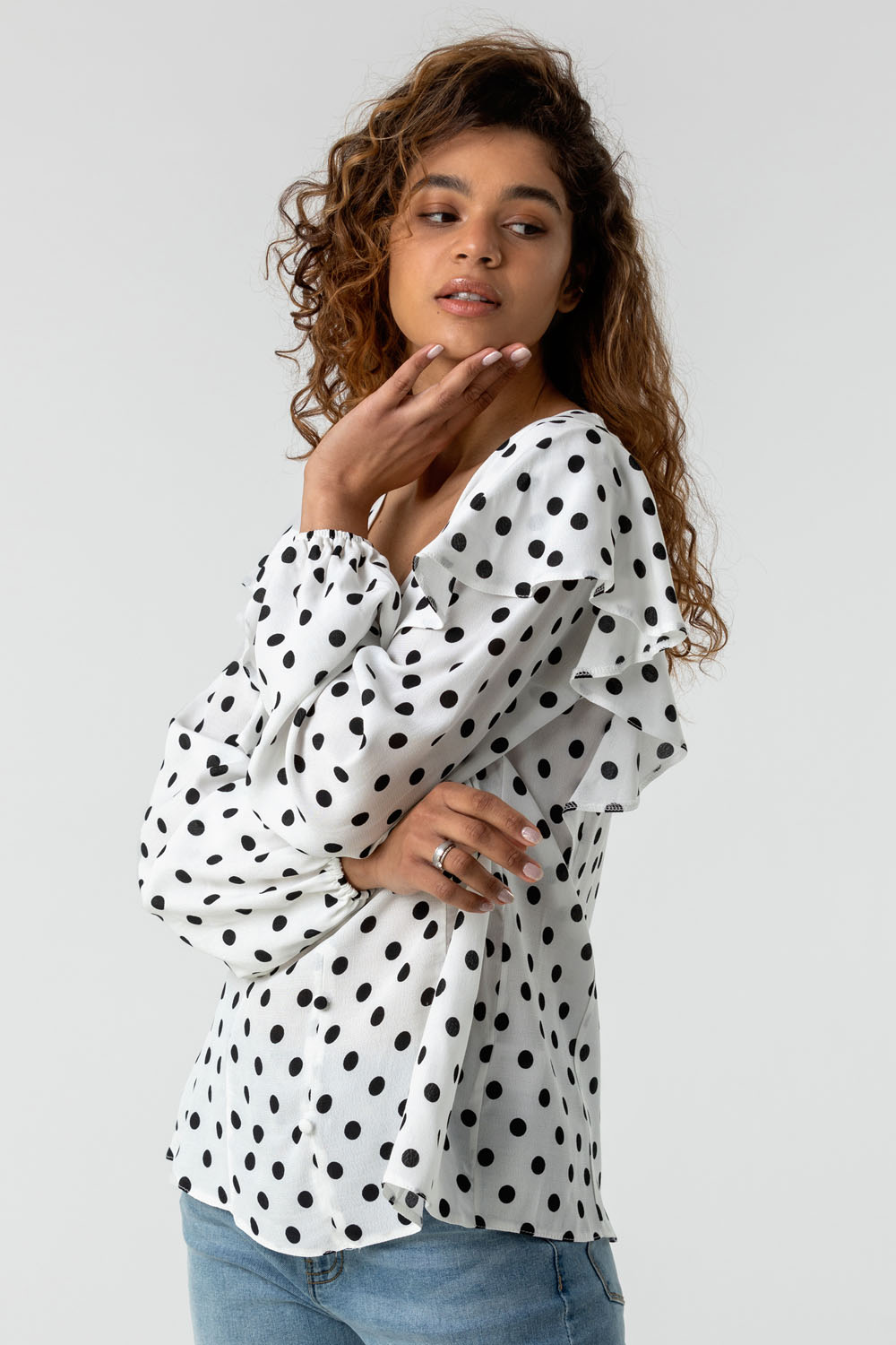 Ivory  Spot Print Frill Sleeve Top, Image 4 of 4