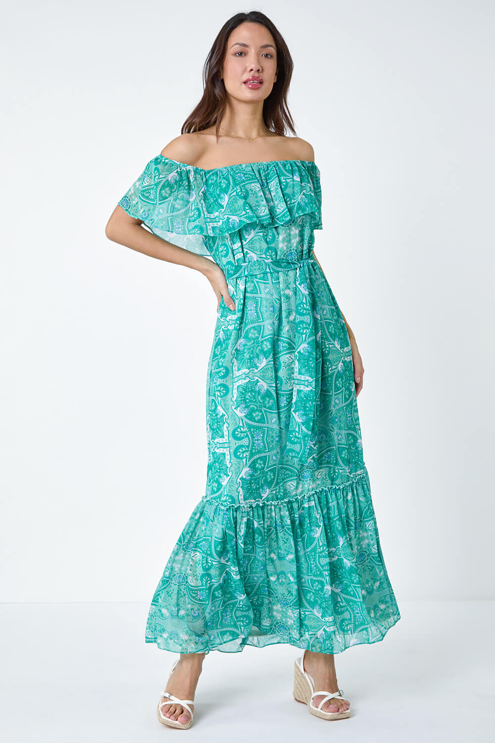 Teal Paisley Print Tiered Maxi Dress, Image 2 of 5