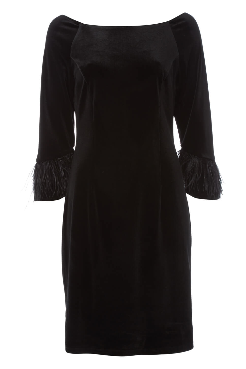 Black Velvet Feather Boat Neck Dress, Image 5 of 5