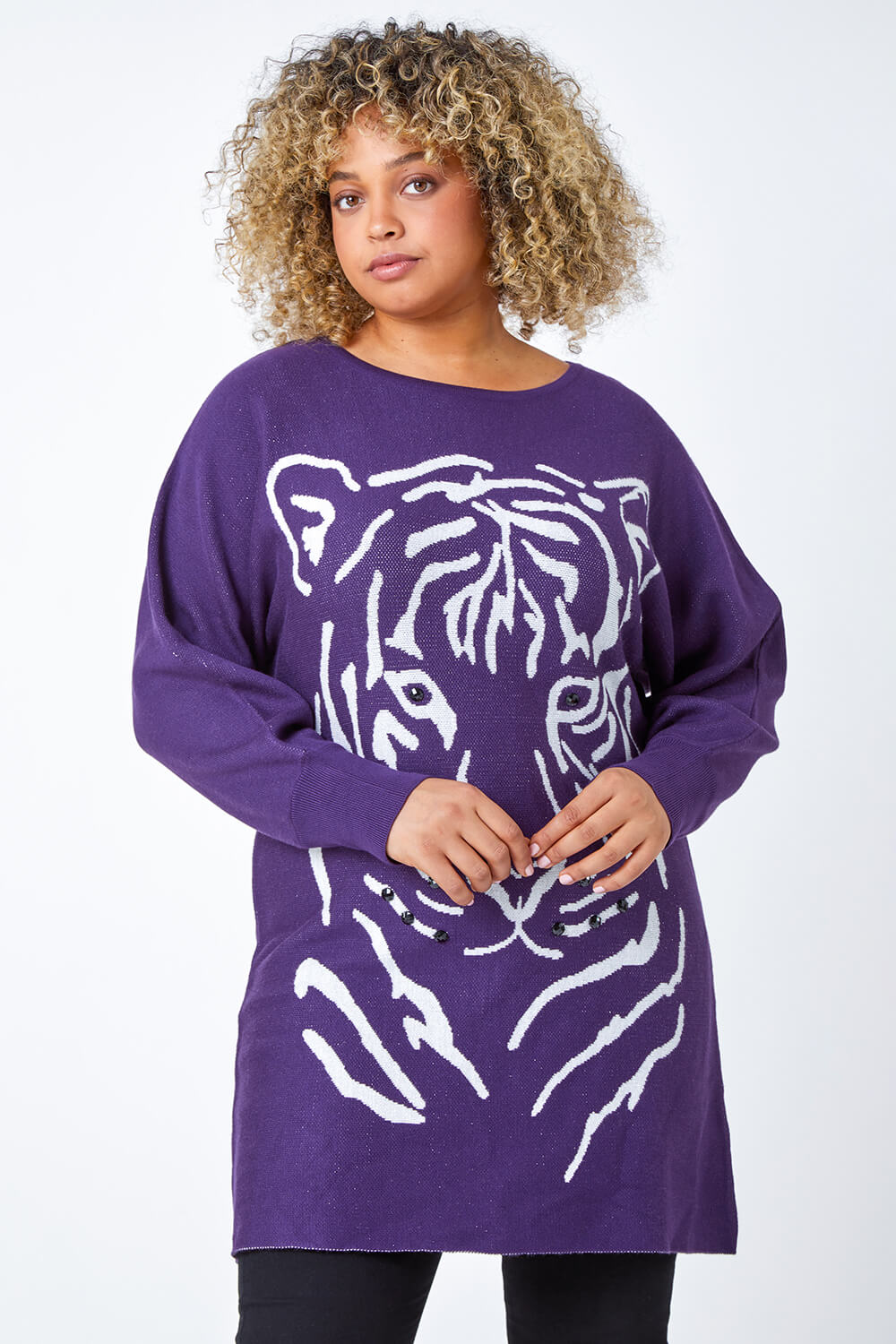 Purple Curve Tiger Print Embellished Longline Jumper, Image 2 of 5