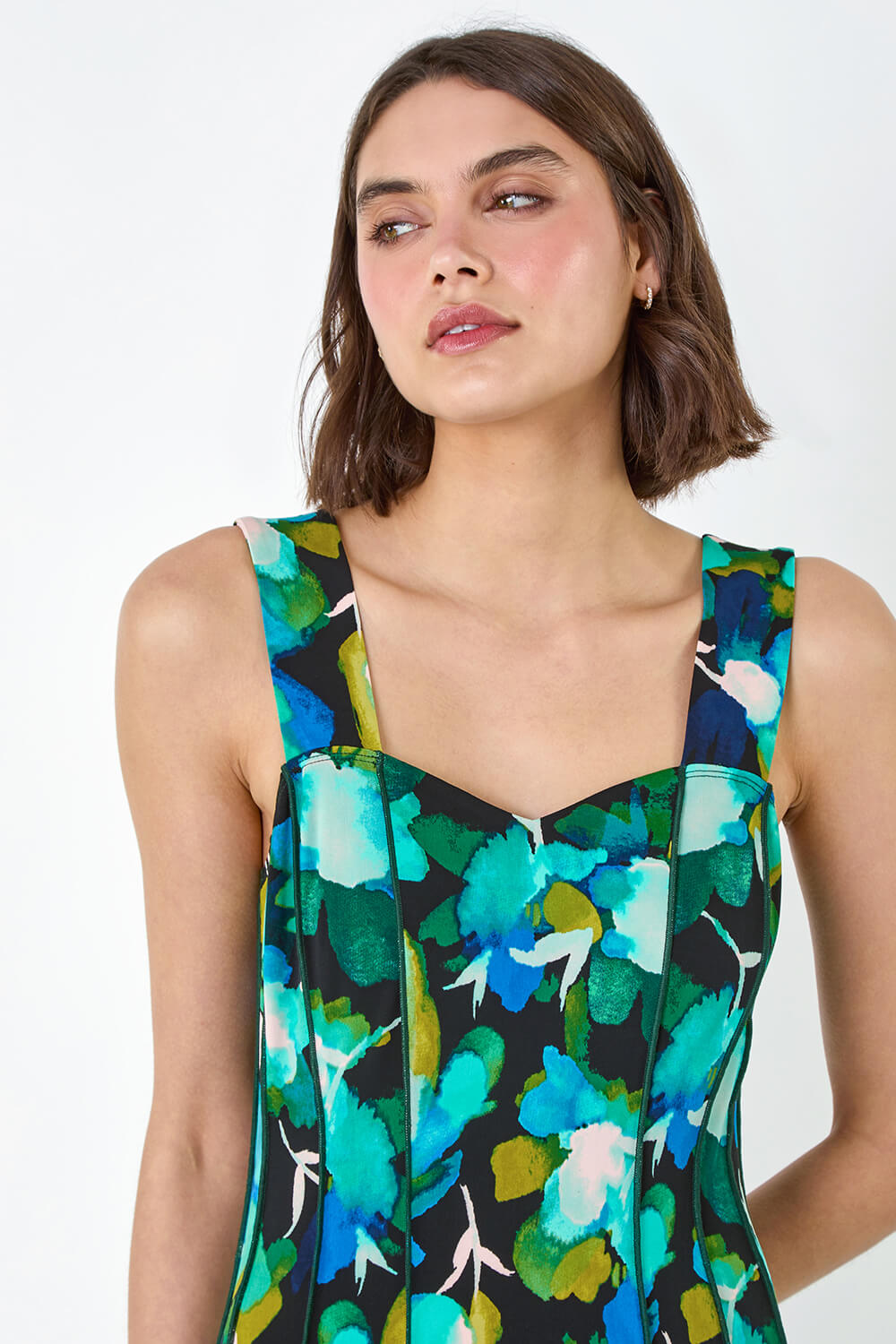 Green Abstract Floral Print Stretch Panel Dress, Image 4 of 5