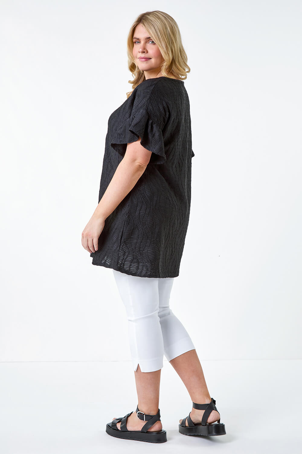 Black Curve Textured Frill Detail Stretch T-Shirt, Image 3 of 5