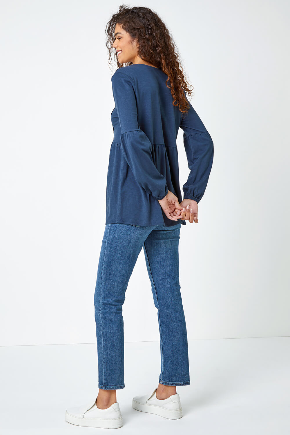 Navy  Pleated Smock Tunic Top, Image 3 of 5