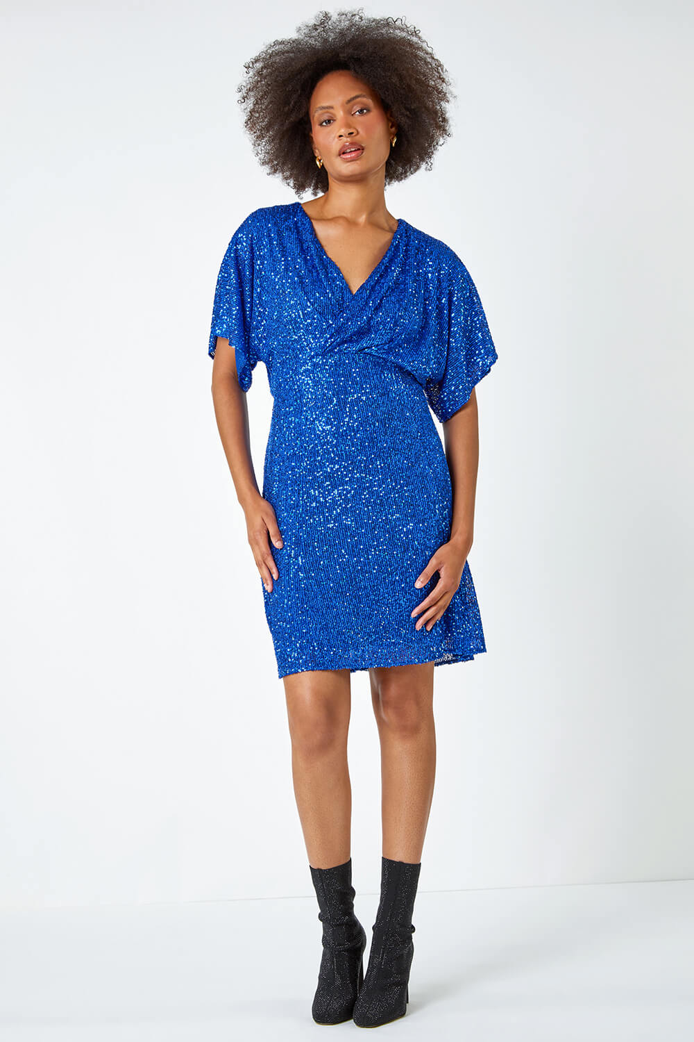 Royal Blue Sequin Embellished Wrap Stretch Dress, Image 4 of 6