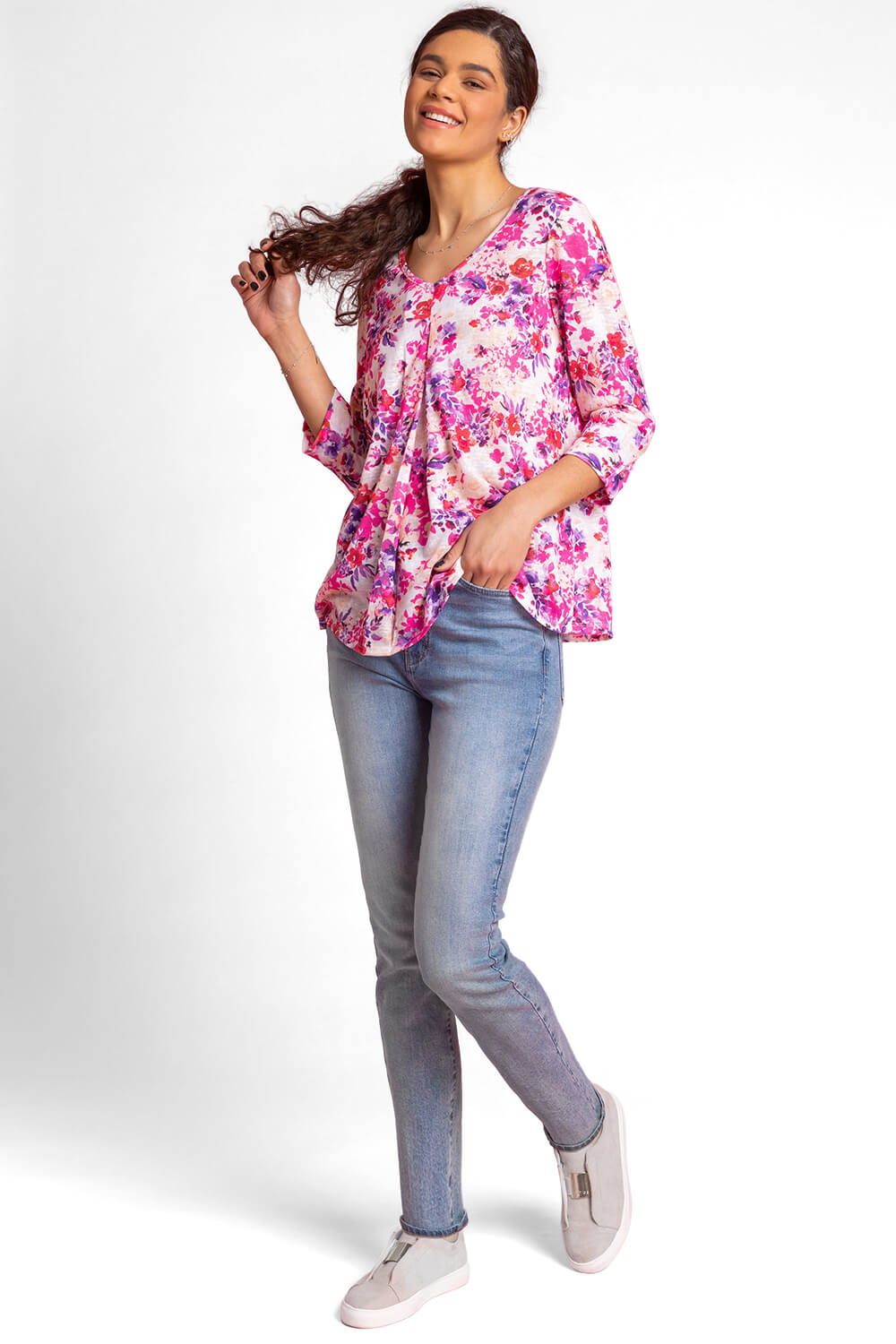 PINK Floral Print Jersey Pleat Detail Top, Image 3 of 4