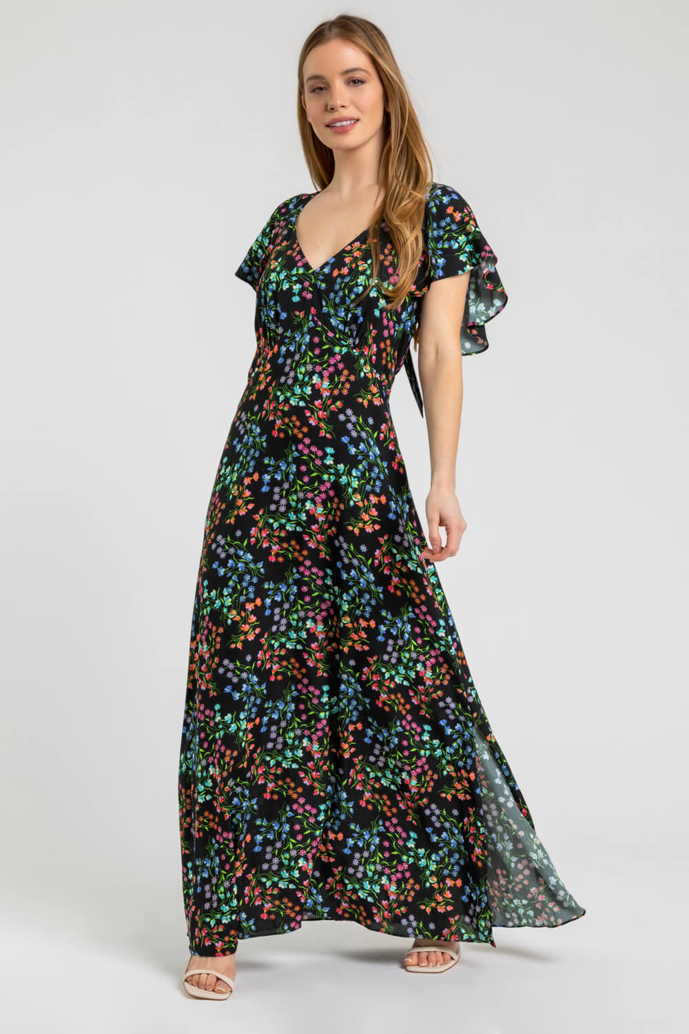 Black Petite Ditsy Floral Print Maxi Dress, Image 3 of 5
