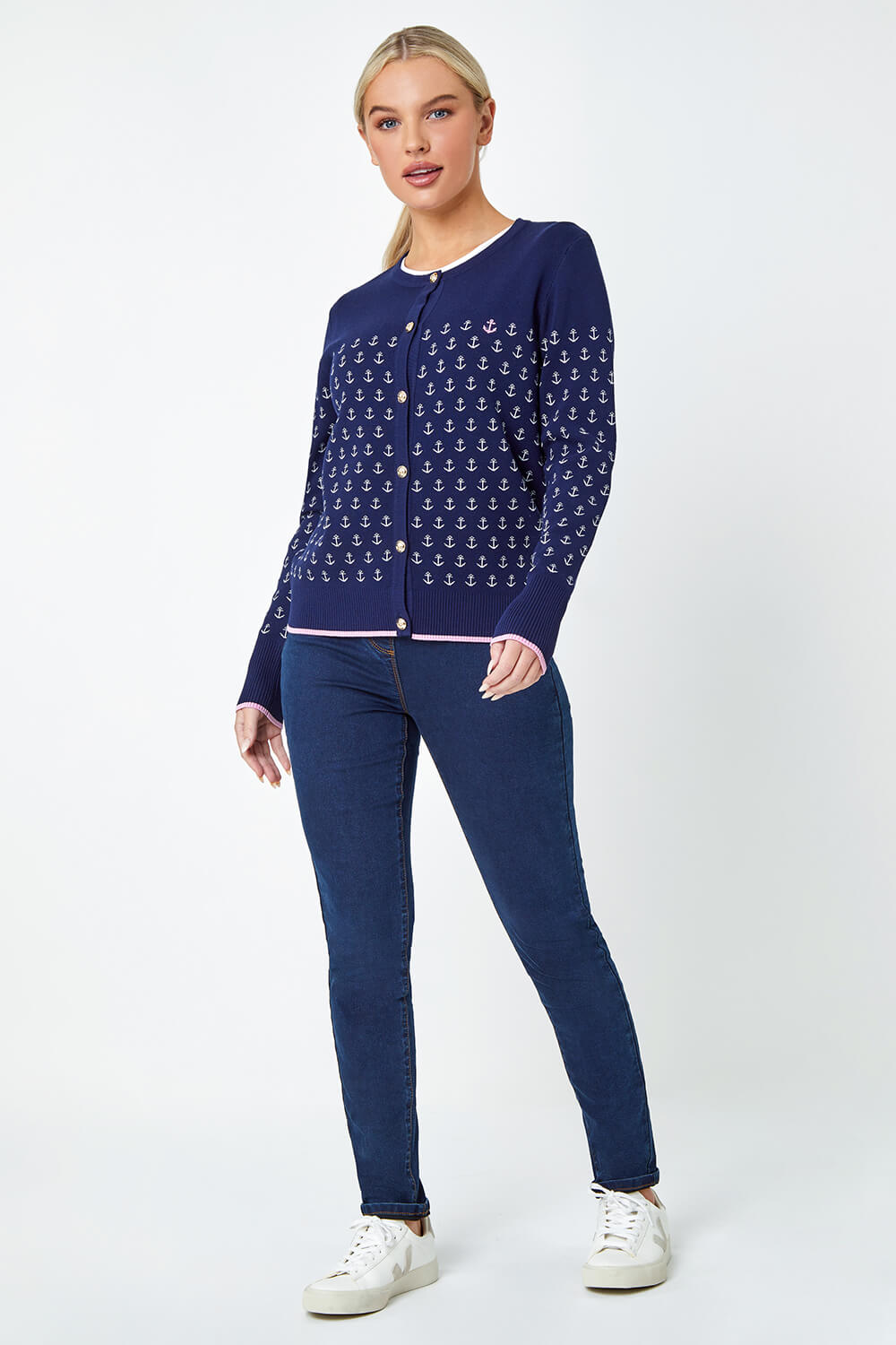Navy  Petite Anchor Embroidered Cardigan, Image 2 of 5