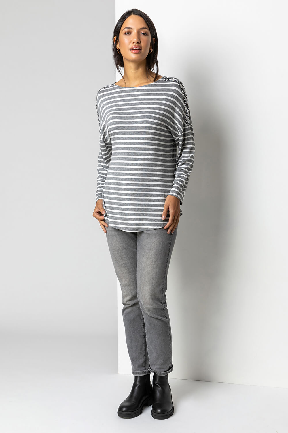 Grey Stripe Print Embellished Stretch T Shirt , Image 4 of 4