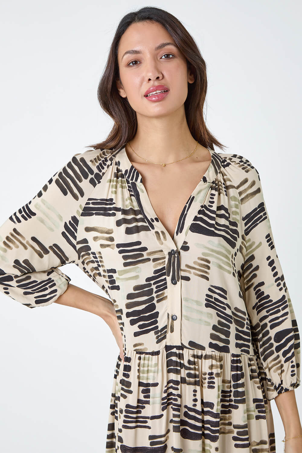 Stone Abstract Print Tiered Shirt Dress, Image 4 of 5