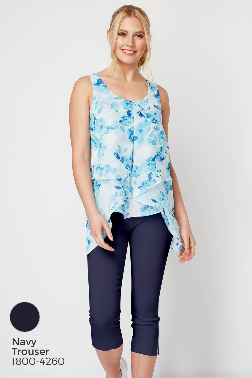 Blue Floral Print Asymmetric Chiffon Vest Top, Image 8 of 8