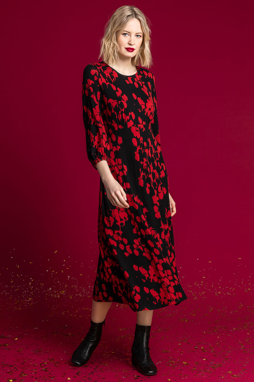 Red Abstract Spot Print Midi Dress, Image 4 of 5
