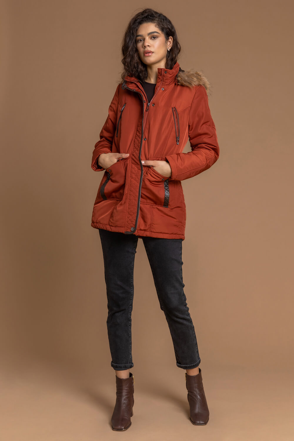 Rust Faux Leather Trim Hooded Parka Coat, Image 3 of 4