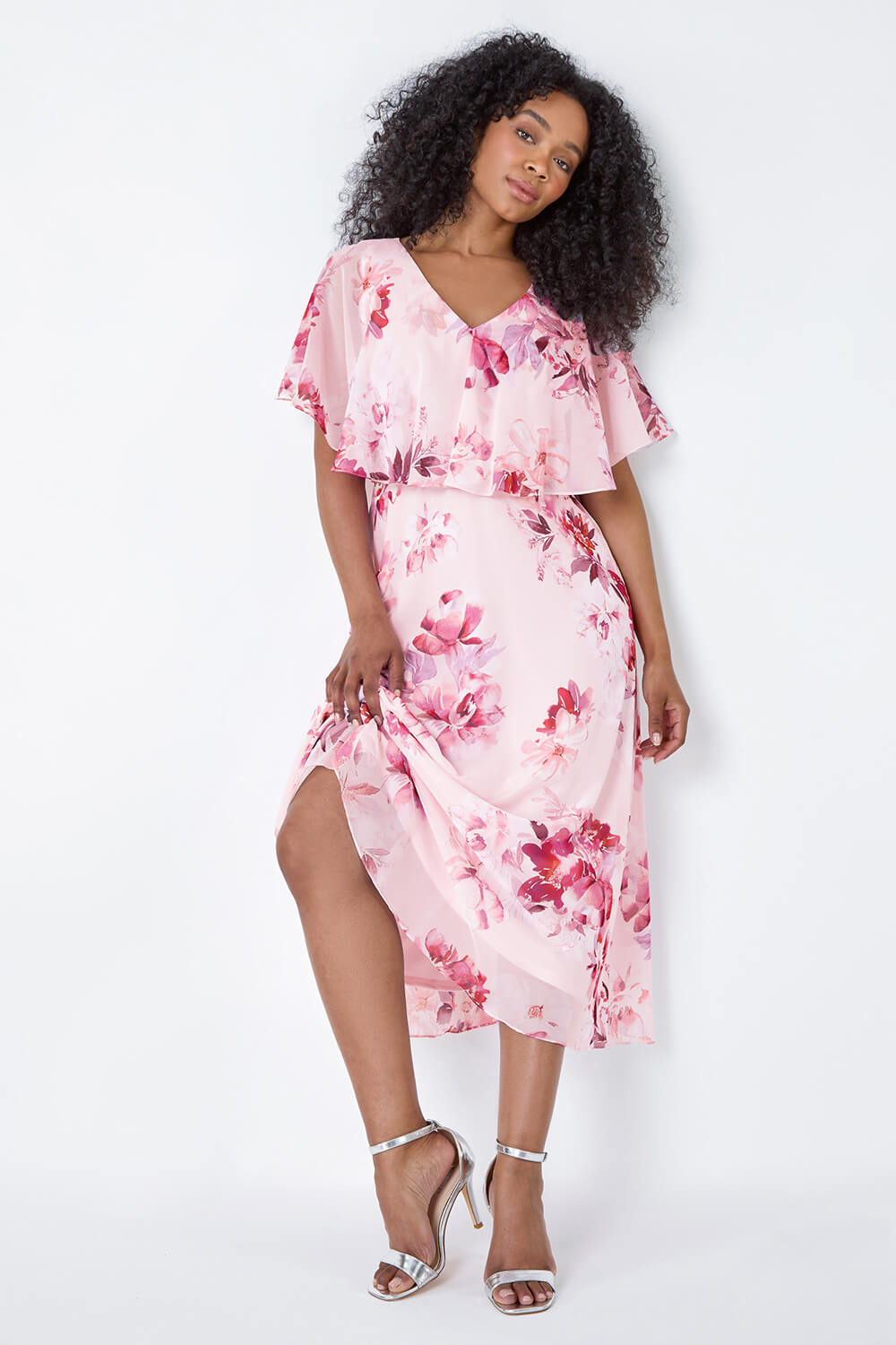 Light Pink Petite Floral Cape Style Midi Dress, Image 2 of 5