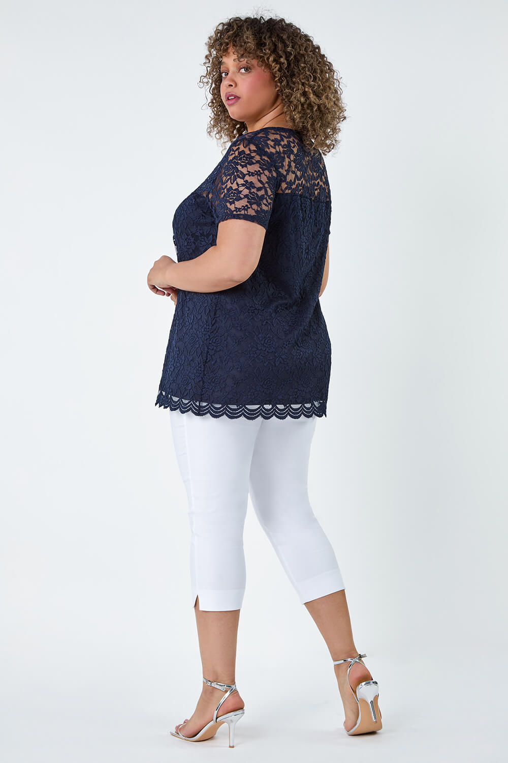 Navy  Curve Lace Overlay Stretch Jersey Top, Image 3 of 5
