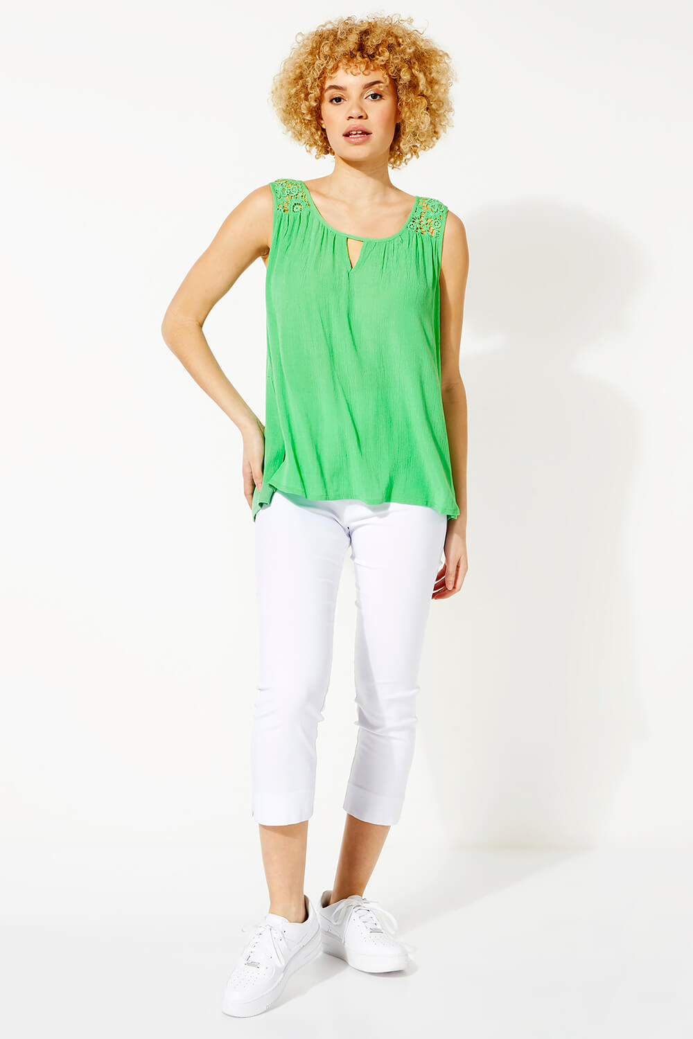 Lace Back Keyhole Detail Top in Green - Roman Originals UK