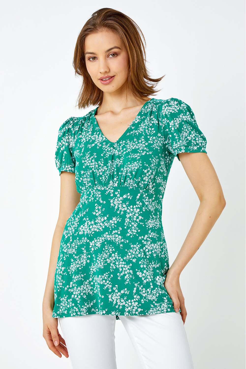 Green Ditsy Floral Print Stretch T-Shirt, Image 2 of 5