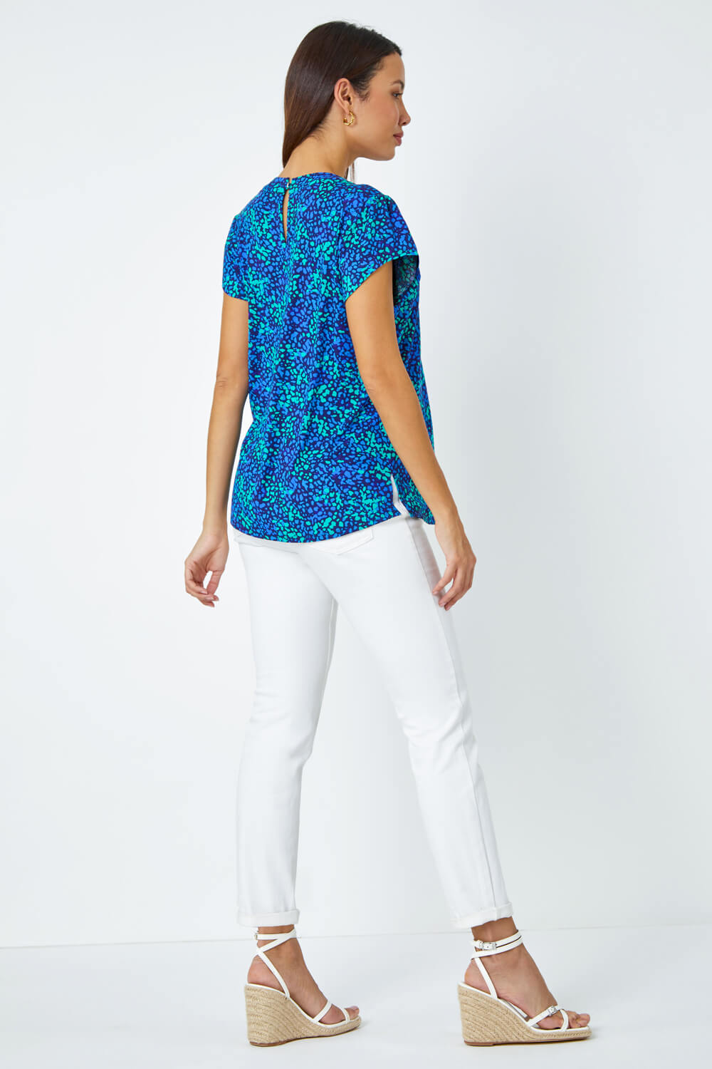 Blue Ditsy Spot Print Pleated Stretch Top, Image 3 of 5