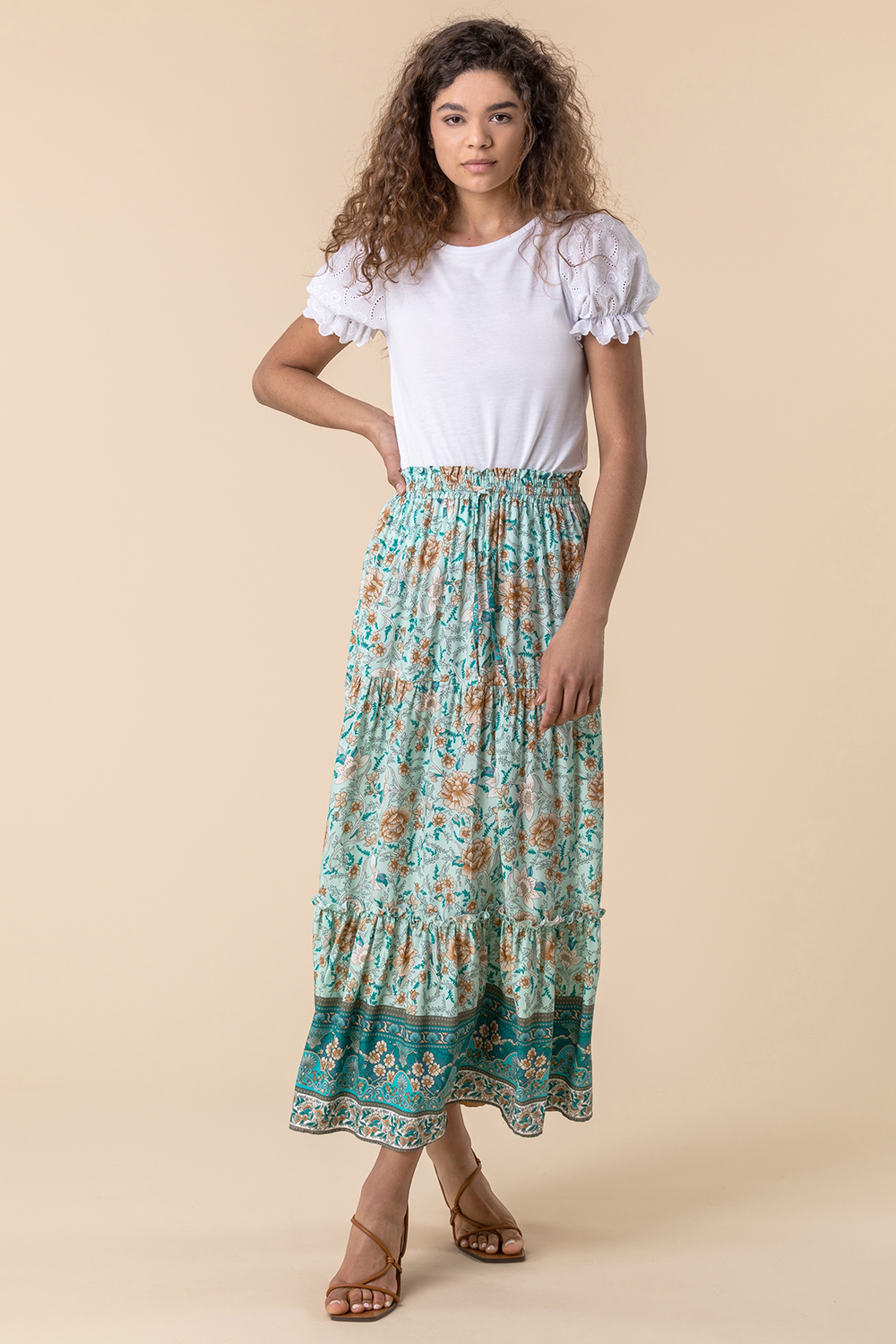 Mint Tiered Floral Print Maxi Skirt, Image 3 of 4