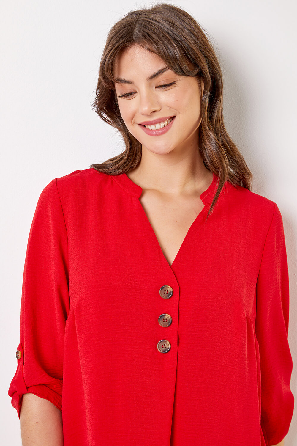 Red Curve Button Detail Tunic Top, Image 4 of 4