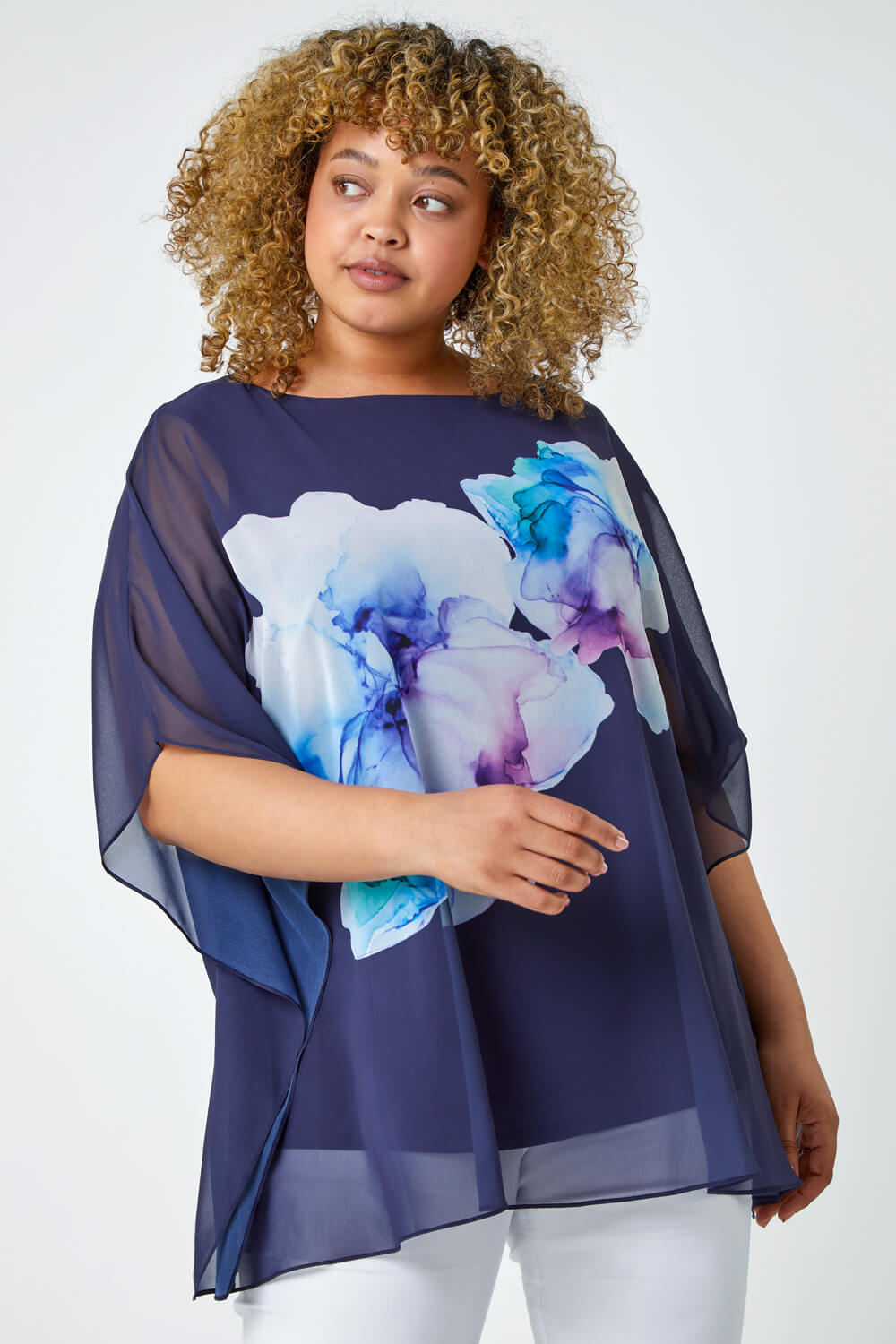 Navy  Curve Floral Chiffon Overlay Top, Image 2 of 5