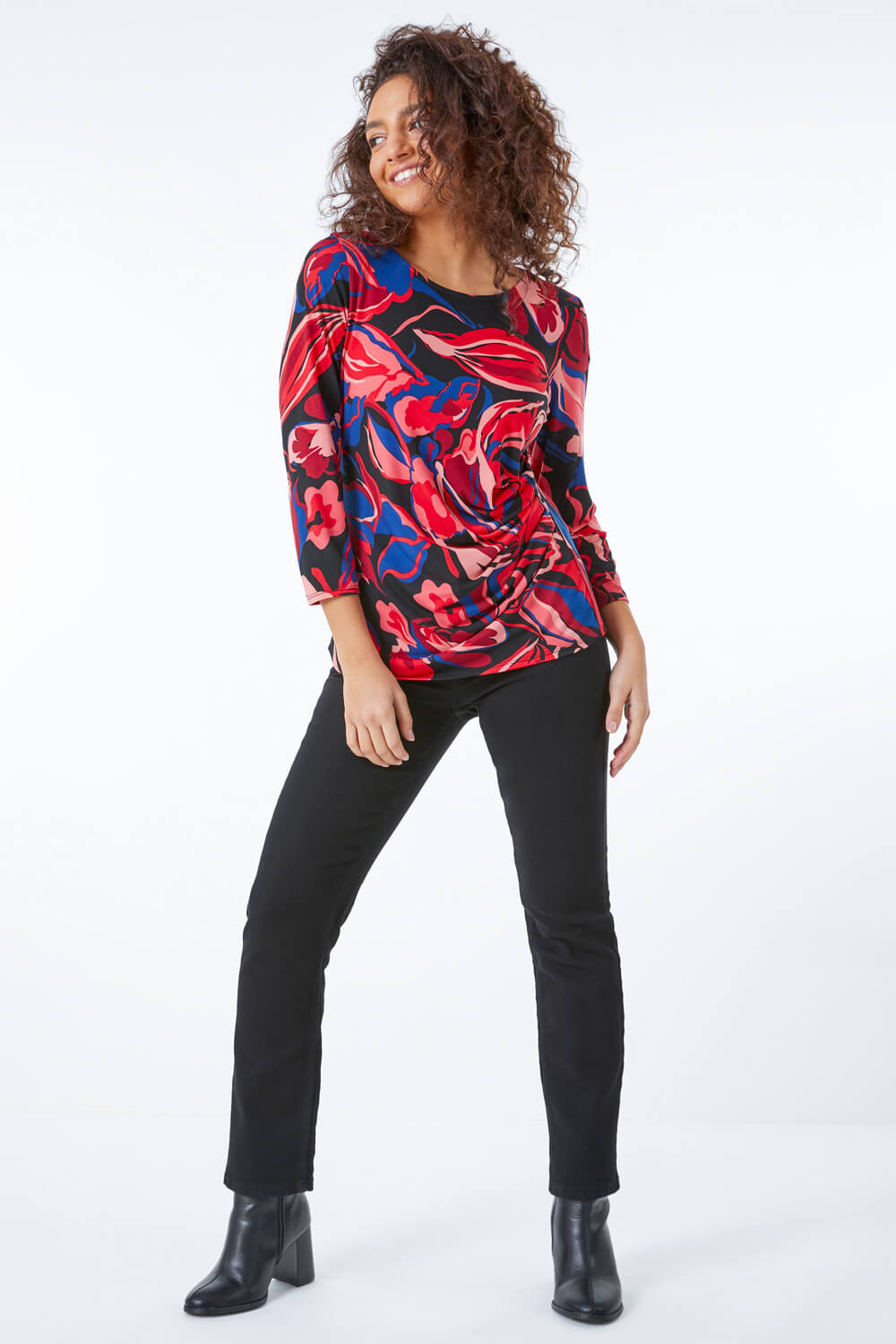 CORAL Petite Abstract Floral Ruched Top, Image 4 of 5